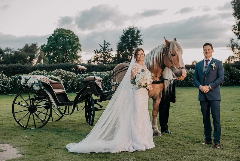 Novia llegando en una elegante carroza con caballo para su boda de ensueño en una finca de Subachoque