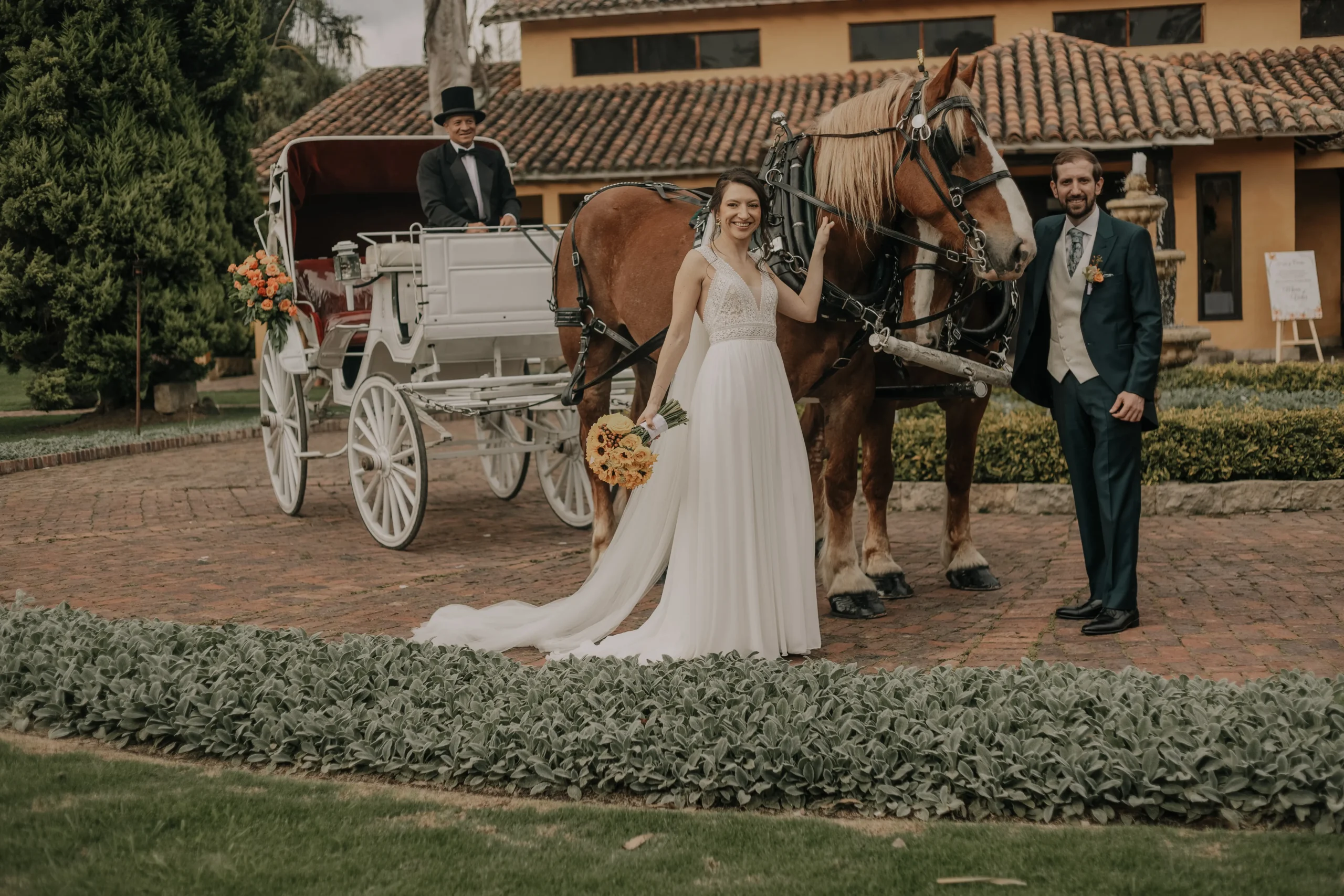 Novia con vestido blanco y ramo de girasoles llegando en un carruaje de caballos a su boda.