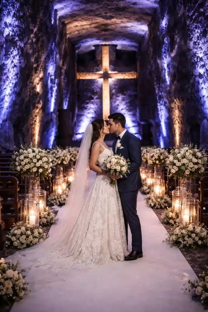 Boda en la Catedral de Sal de Zipaquirá, novios durante ceremonia matrimonial en uno de los destinos más emblemáticos para bodas en Colombia.