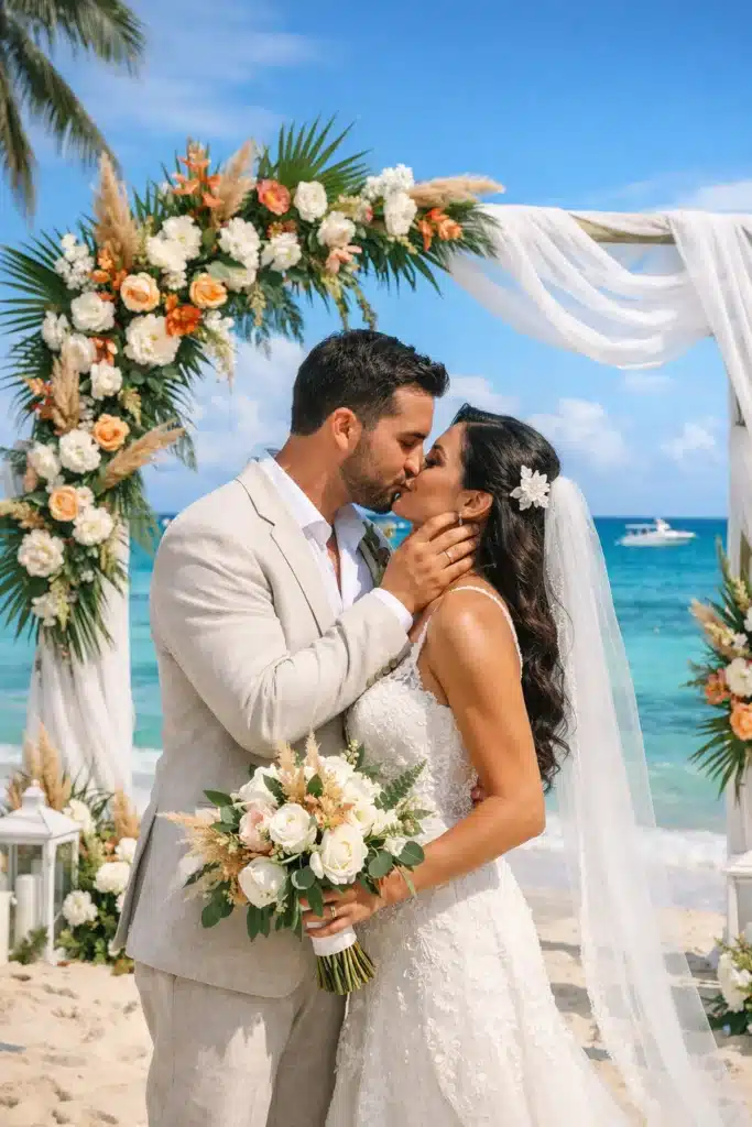 Pareja de novios besándose en una boda en la playa de San Andrés, con arco floral tropical, vestido de novia blanco, traje del novio beige y el mar Caribe de fondo, mostrando un momento romántico y elegante.